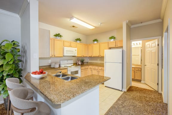 Kitchen with a granite counter top and a sink at Village on the Lake Apartments, Spring Lake, NC